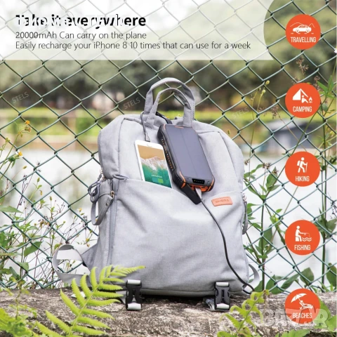 Преносима батерия STELS PowerMax 20K, 20000mAh, соларен панел, LED фенер, черно-оранжева, снимка 11 - Външни батерии - 50559228