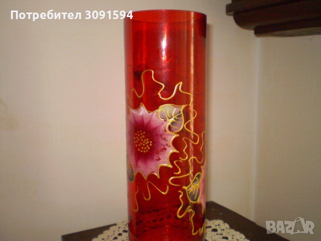 Ръчно Рисувана Голяма Стъклена Червена ваза, снимка 6 - Антикварни и старинни предмети - 40485308