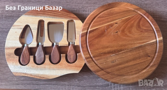 Ново Дървена плато за сирена с аксесоари – 5 части сет за сервиране и рязане на сирене, снимка 2 - Аксесоари за кухня - 53353535