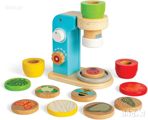 Bigjigs Toys Дървена играчка микроскоп от 14 части с 3 лещи, образователна играчка за малки деца