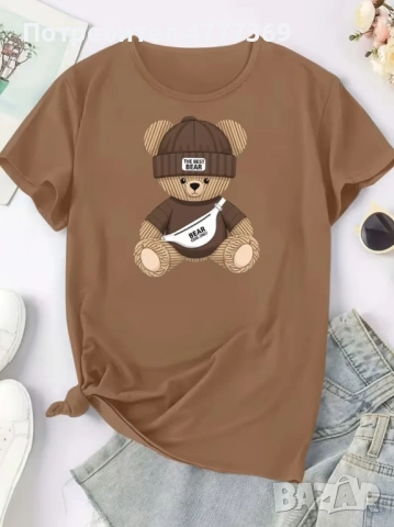 Нова широка дамска тениска с принт мече в цвят карамел, снимка 3 - Тениски - 54127344