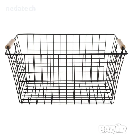 Кошница за съхранение с дървени дръжки, Черен, 39,5x26x19 см., снимка 2 - Кутии за съхранение - 51256800