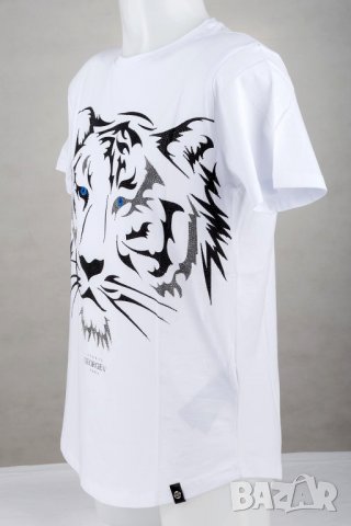 Бяла памучна мъжка тениска с тигър с кристали марка Avenue George V Paris - М, снимка 4 - Тениски - 33597537