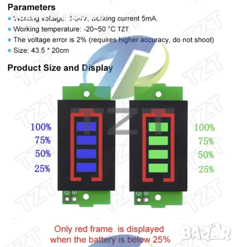 LED индикатор за заряд на LiPo/Li-Ion батерии 1S–8S, снимка 2 - Друга електроника - 56103429