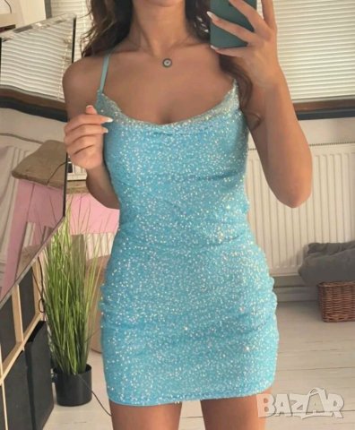 Уникална бляскава къса синя рокля , снимка 6 - Рокли - 39226046