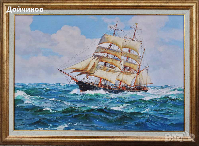 "Ноктюрно", морски пейзаж с платноход, картина, снимка 7 - Картини - 32552126