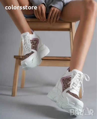 Кецове на платформа - бяла кожа с розов брокат - PA950

