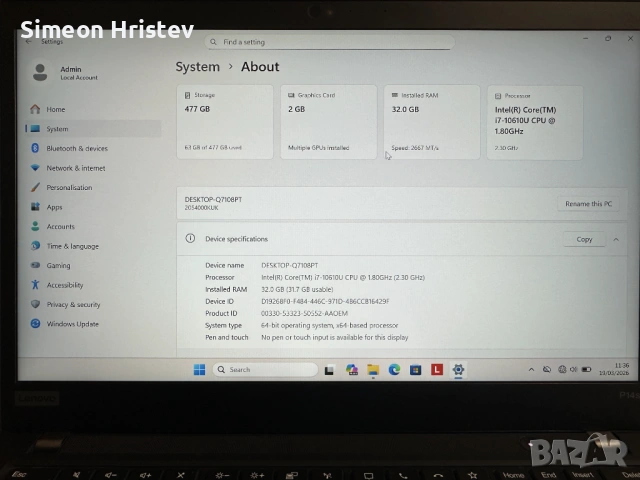 Lenovo ThinkPad P14s Gen 1 | i7-10610U | 32GB RAM | Quadro P520 | Обслужен, снимка 7 - Лаптопи за работа - 53900510
