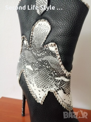 №36 дамски кожени боти ботуши със змийска кожа и кристали, висок тънък ток и остър връх, снимка 12 - Дамски боти - 54218486