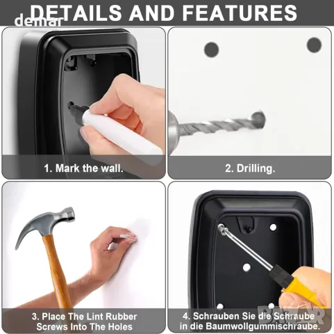 Сейф за ключове, монтиран на стена, водоустойчив капак, 4-12 цифрена комбинация, снимка 4 - Други стоки за дома - 48897542