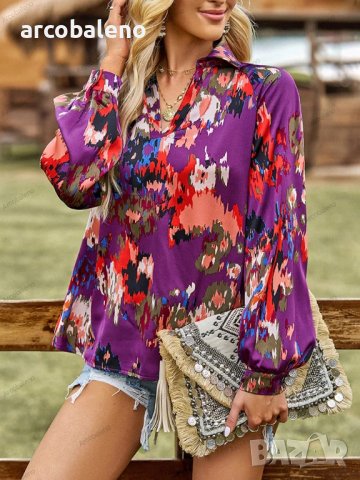Дамска блуза с флорален принт и V-образно деколте, 4цвята - 023, снимка 12 - Блузи с дълъг ръкав и пуловери - 42038517