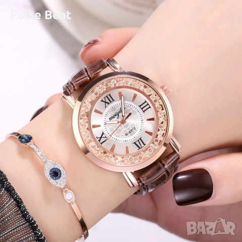 Дамски ръчен часовник с кръгъл циферблат с камъни и кожена каишка, снимка 3 - Дамски - 52056448