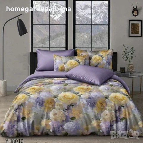 Луксозно спално бельо памучен сатен флорални десени 4 части двоен комплект с ластик