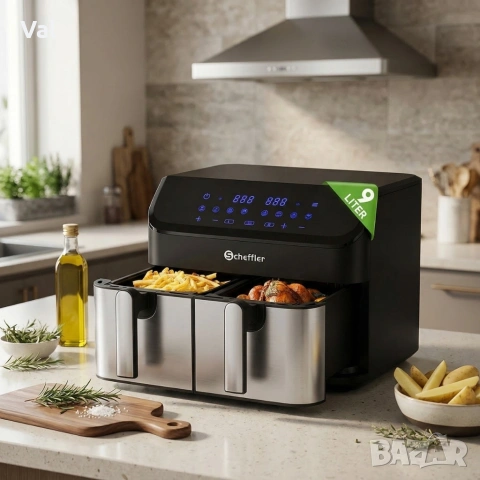 Фритюрник с горещ въздух XXL 9L, 2 камери, 8 програми, Двойно готвене & Синхронизиран финал