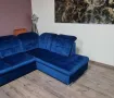 Син П образен ъглов диван от плат Nigrum с функция сън, снимка 4