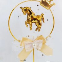 Еднорог Unicorn с пайети и тюл метален топер украса декор за торта, снимка 1 - Други - 30753812