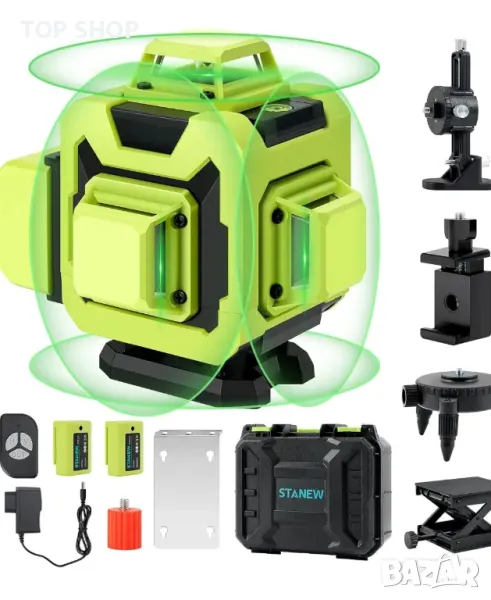 STANEW 4 x 360° лазерен нивелир, самонивелиращ се зелен лазерен нивелир 4D 16 линия зелена лазерна, снимка 1