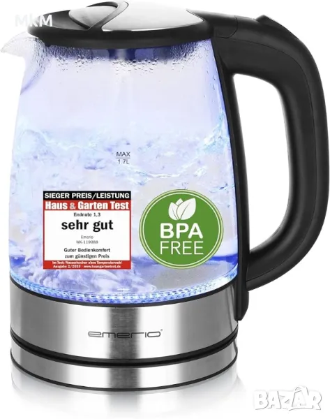 Стъклена електрическа кана Emerio безжична без BPA, снимка 1