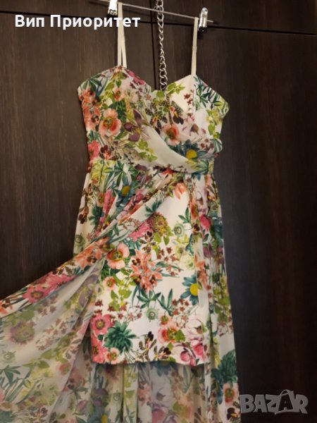 Дълга рокля копринена с къса непрозрачна предна част със същия пъстър принт, както коприната, снимка 1