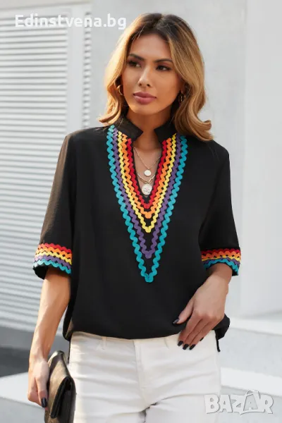 Дамска блуза с къс ръкав в черен цвят, снимка 1