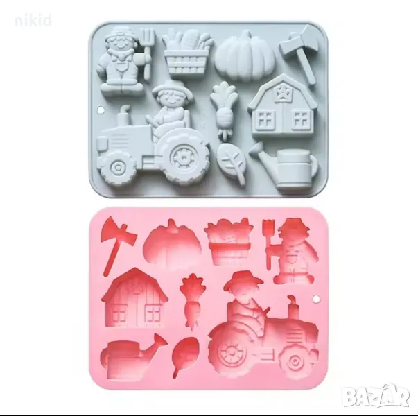 Ферма Фермер трактор лейка брадва тиква ряпа силиконов молд форма фондан гипс шоколад, снимка 1