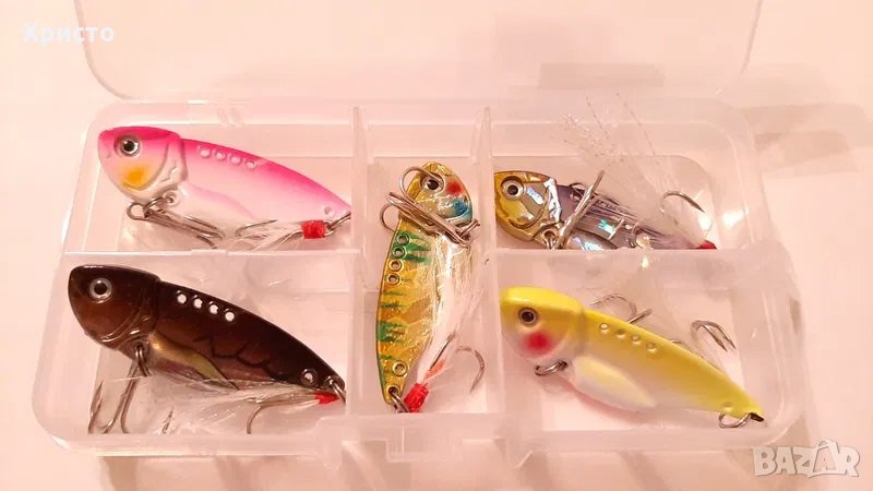 Комплект 5 бр риболовни примамки цикади,воблер,блесни,клатушки , снимка 1