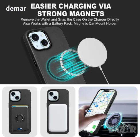 TUCCH кожен калъф за iPhone 15 Plus с отделение за карти, черен, снимка 6 - Калъфи, кейсове - 49790345