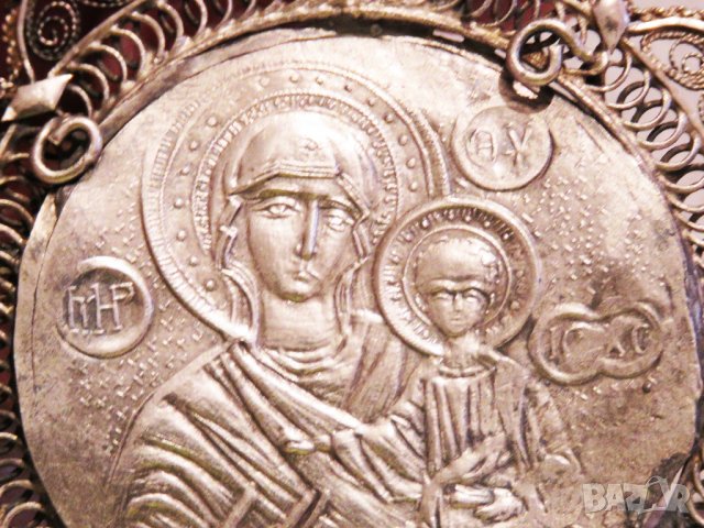 Възрожденска Сребърна икона, амулет, накит, медальон с Богородица, Дева Мария - Панагия 70 мм Сребро, снимка 8 - Антикварни и старинни предмети - 30339453