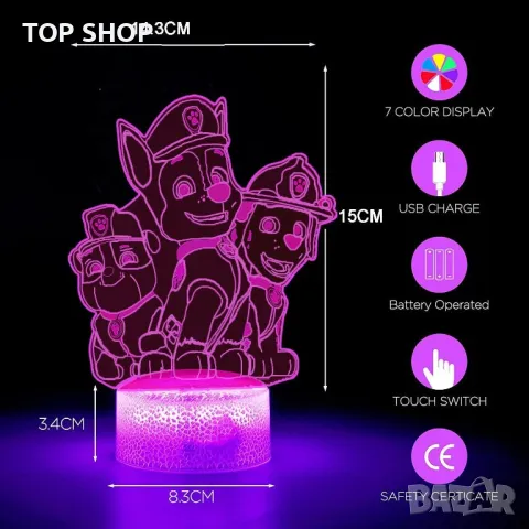3D LED нощна лампа Paw Dog Patrol,16 цвята, които се променят с дистанционно управление