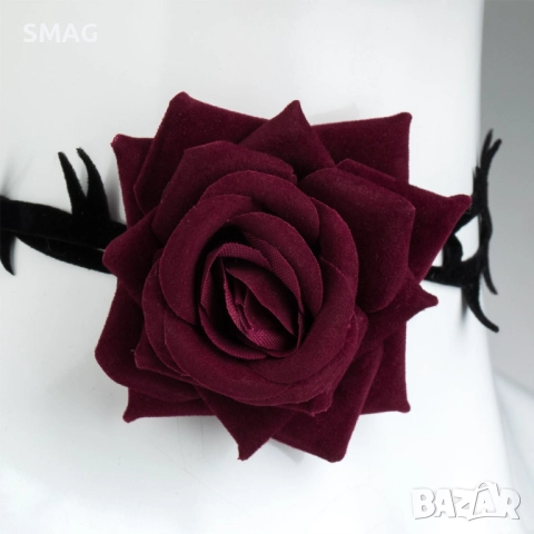 Карнавален аксесоар – чокър с бордо роза и черни кадифени бодли_1244631, снимка 3 - Други - 52128059