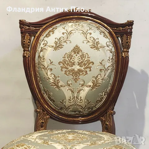 Класически стол в стил Луи XVI с дамаска в златисто и светлосиньо, снимка 4 - Столове - 49648910