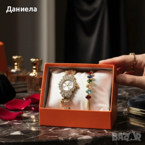 Луксозен дамски комплект – часовник с кристали + гривна с многоцветни камъни, снимка 3 - Дамски - 51964702
