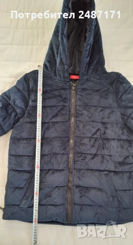 Тъмно синьо кадифено топло дамско яке с качулка, снимка 3 - Якета - 52795970