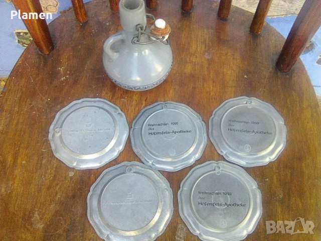Пет немски чинийки за стена калай и емайл и една термокана, снимка 4 - Други ценни предмети - 39710575