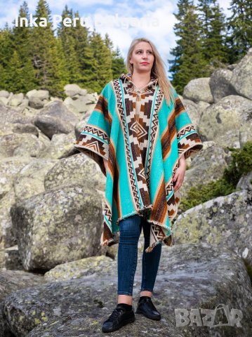  Автентичнo еквадорско унисекс пончо Мапуче, 100% вълна, тюркоазено синьо, снимка 4 - Блузи с дълъг ръкав и пуловери - 37011588