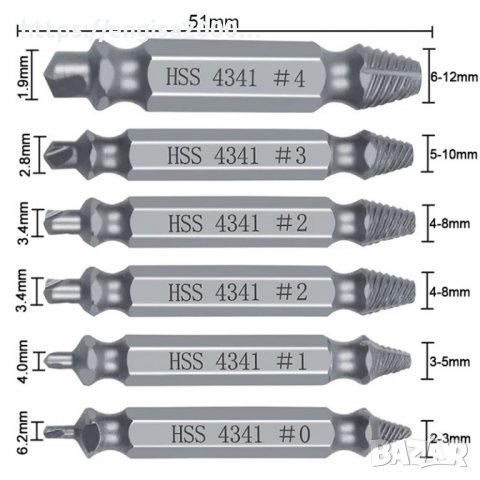 Изчерпано! К-т екстрактори 6 бр. за скъсани/развалени винтове/болтове