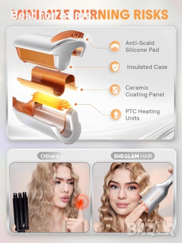 SHEGLAM Hair Beach Babe преса за къдрене с 2 цилиндъра, 1 инч, с интелигентен таймер , снимка 5 - Преси за коса - 54090139