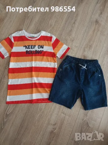 Сет тениска и къси дънкови панталони размер 134 - 140 см, снимка 2 - Детски комплекти - 49752313