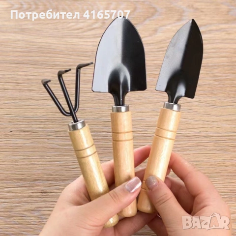 Комплект мини градински инструменти с дървени дръжки – 3 части, снимка 2 - Градински инструменти - 53045241
