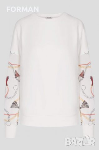 Бяла блуза от плътно трико с цветни ръкави от тюл, снимка 3 - Блузи с дълъг ръкав и пуловери - 37814244