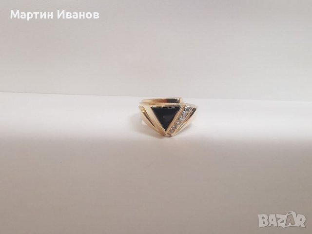 Златен мъжки пръстен с оникс и циркони , снимка 6 - Пръстени - 36935137