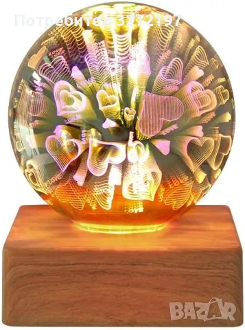 3D USB LED Нощна Лампа (любовно сърце),с дървена основаи превключвател на кабела  , снимка 3 - Настолни лампи - 48731142