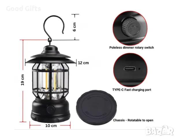 Лампа за къмпинг на батерии с USB зареждане, снимка 3 - Други - 50208577