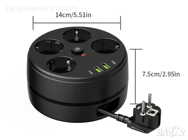Кръгъл разклонител,с прибиращ се кабел 1,8м., снимка 5 - Други - 51614515