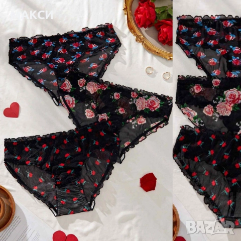 Макси секси прозрачни силно еластични и меки бикини с дантела в черно на красиви цветя -комплект от 