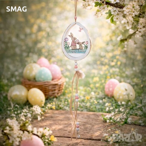 Висящо великденско яйце с бяла пухкава материя, зайчета и надпис „Happy Easter" 9x12cm_1260335, снимка 3 - Декорация за дома - 54223384