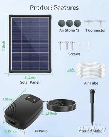 Нова Соларна въздушна помпа за езеро 3 режима 2200mAh батерия Аератор, снимка 6 - Други - 53914069