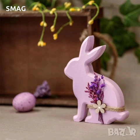 Великденска дървена декорация – лилав заек с сухи цветя, 10x2x15 см._1233649