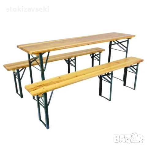 Сгъваем комплект градинска маса с 2 пейки - От чамово дърво, снимка 2 - Градински мебели, декорация  - 54049517