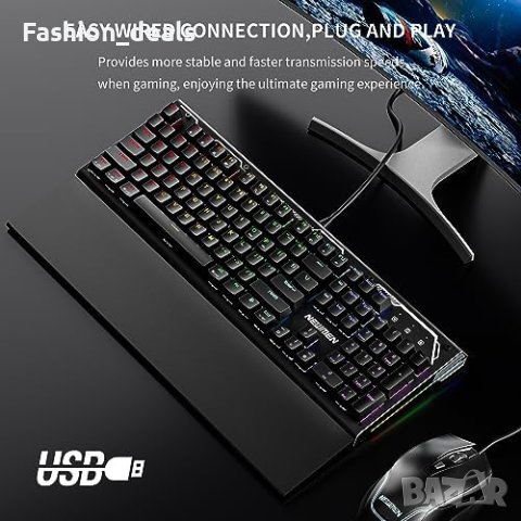 Нова Механична геймърска кабелна клавиатура с RGB подсветка и сгъваема подложка за китката, снимка 5 - Клавиатури и мишки - 42427061